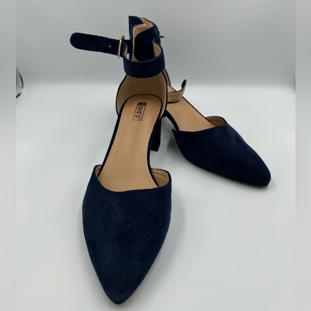 Navy Blue Block Heel Ankle Strap Heels | Size 11